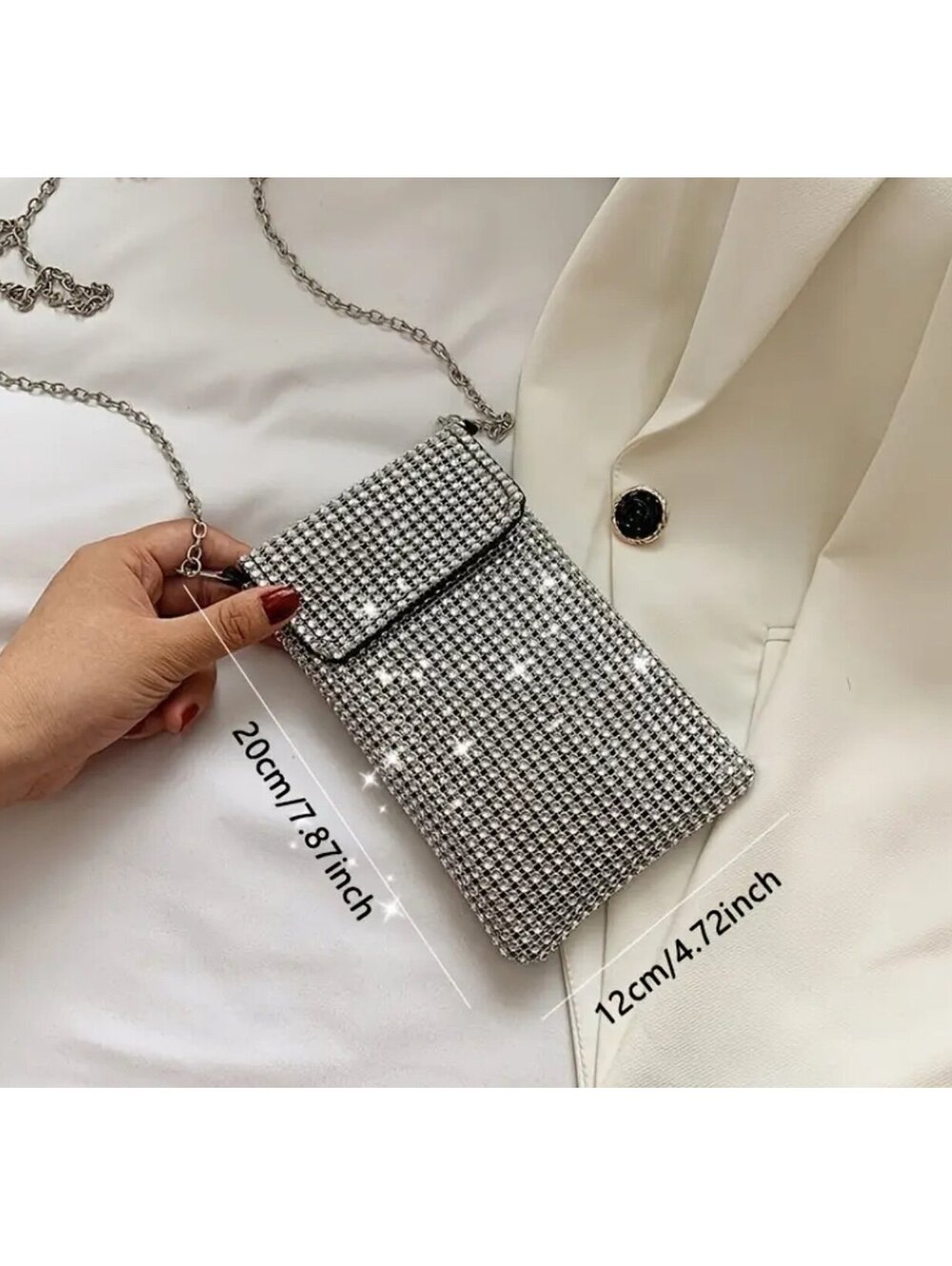 New - Super Cute & Stylish Rhinestone Embellished Crossbody/Phone Bag  - Silver - Picture 2 of 8